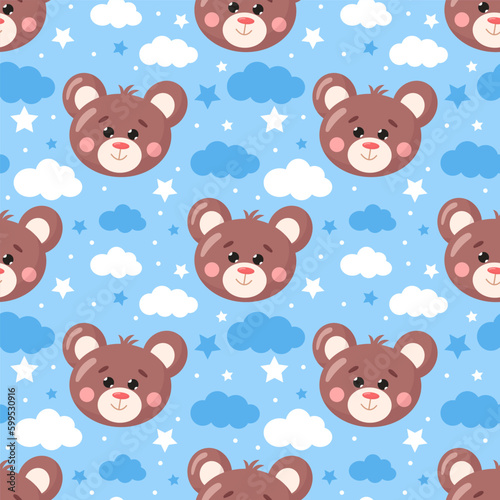 Vector seamless baby pattern, backdrop for wallpaper, print, textile, fabric, wrapping. Cute bear on blue background. Baby shower, newborn concept.