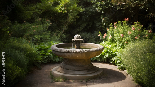 A serene water fountain surrounded by neatly trimmed bushes and plants in a peaceful garden setting.