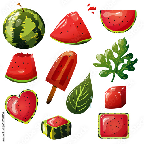 Ensemble de pastèques, glace, fruit et feuille. Collection d'images dans le style glossy. Illustrations graphiques vectorielles