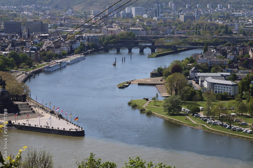 River Mosel joining into river Rhine at the city of Koblenz