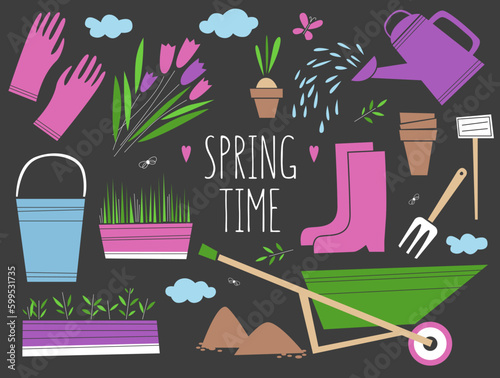 Spring time. Set of the gardening equipment and plants