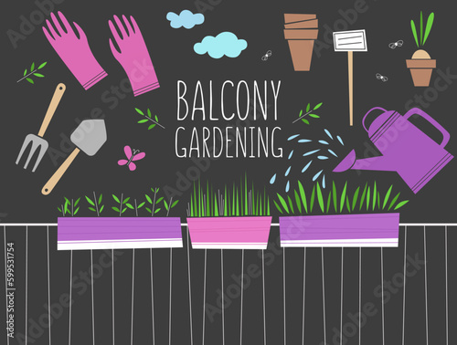 Balcony gardening. Set of the gardening equipment and plants on the terrace