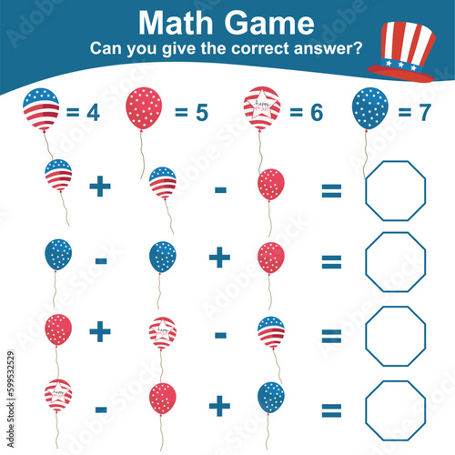 Mathematic counting worksheet with USA Independence Day theme. Math activity, count and write the answer. Educational printable math worksheet for children. Vector illustrations file.