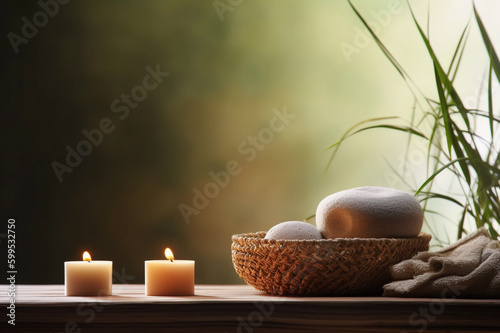 Relaxing Spa Life concept  Arrangement with Stones  Candles  and Leaves. created with Generative AI