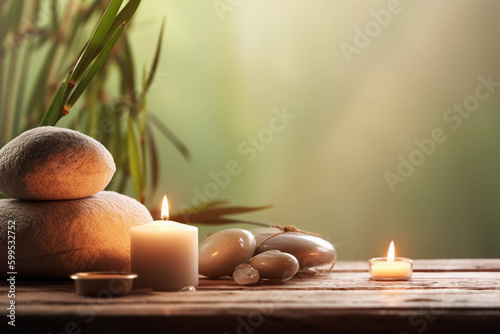 Relaxing Spa Life concept, Arrangement with Stones, Candles, and Leaves. created with Generative AI