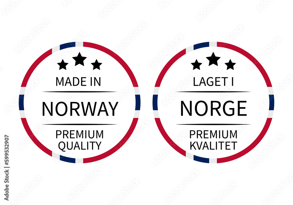 Made in Norway round labels in English and in Norwegian languages. Quality mark vector icon. Perfect for logo design, tags, badges, stickers, emblem, product package, etc Made in Norway round labels in English and in Norwegian languages. Quality mark vector icon. Perfect for logo design, tags, badges, stickers, emblem, product package, etc