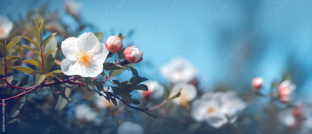 Springtime Beauty: Blooming Rose Bush Border on Blue Background. created with Generative AI