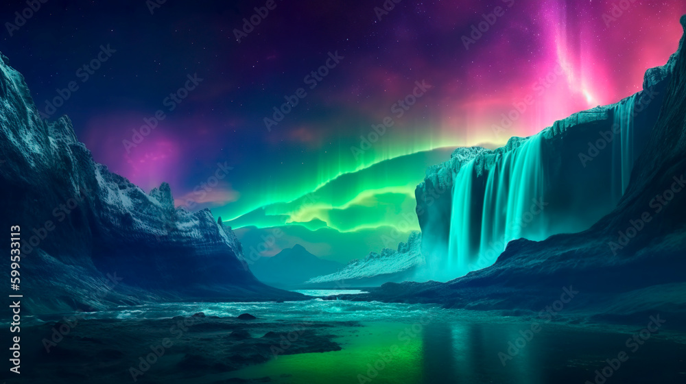 Naklejka premium Alien space night landscape with Northern lights and stars, waterfalls, ai generated