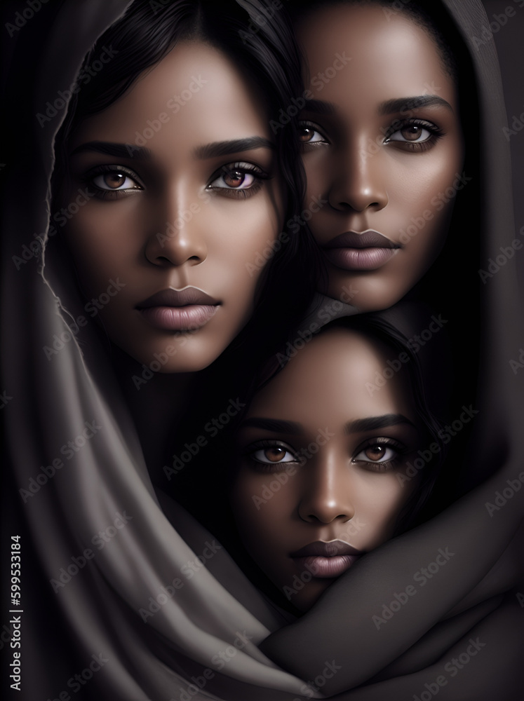 Portrait of three pretty black women posing in front of the camera. Generative Artificial Intelligence. Portrait of three pretty black women posing in front of the camera. Generative Artificial Intelligence.