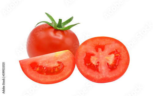 Whole tomato and slices isolated on transparent background. PNG