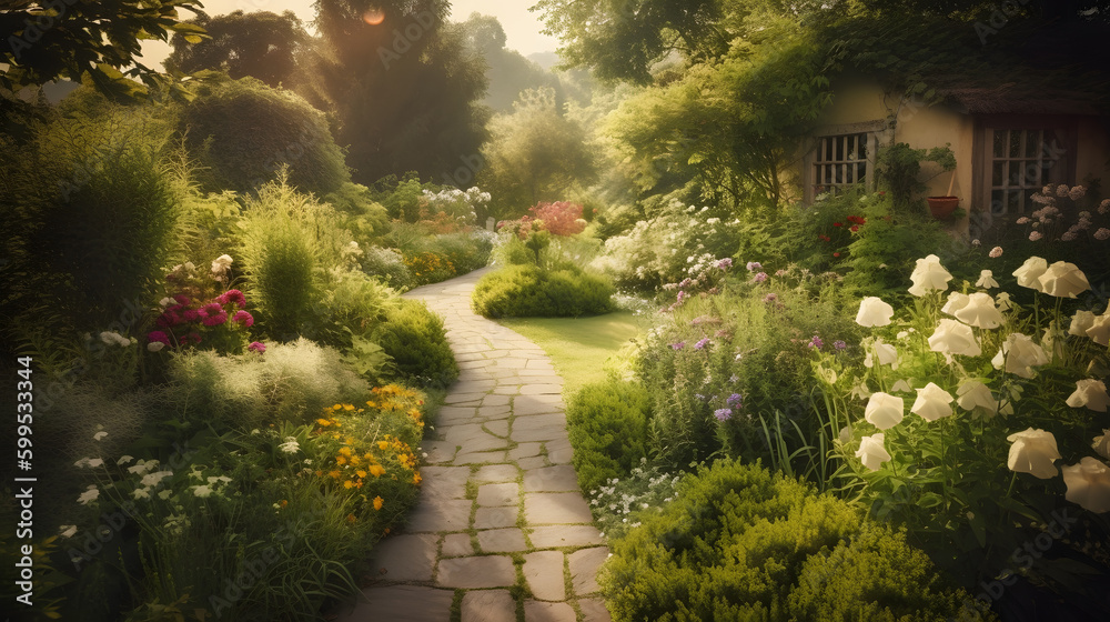 Obraz premium A tranquil garden path winding through a picturesque landscape of trees, flowers, and bushes