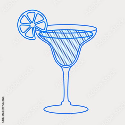 Margarita cocktail with a lime slice. Line art, retro. Vector illustration for bars, cafes, and restaurants.