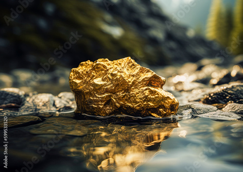 Big golden nugget in the river. Gold mining concept. Generative Ai image photo