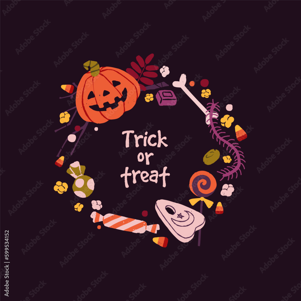 Trick or Treat, circle wreath for Halloween, fall holiday. Helloween decoration, design element with cute spooky Jack pumpkin, candies, sweets, bones. Autumn frame decor. Flat vector illustration Trick or Treat, circle wreath for Halloween, fall holiday. Helloween decoration, design element with cute spooky Jack pumpkin, candies, sweets, bones. Autumn frame decor. Flat vector illustration