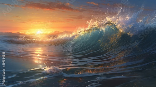 Beautiful poster with waves of sea summer at sunset. Travel background. Summer beach illustration.