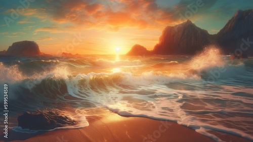 Beautiful poster with waves of sea summer at sunset. Travel background. Summer beach illustration.