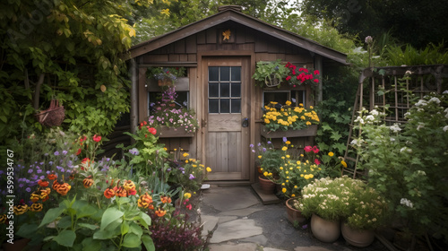 A quaint garden shed surrounded by a beautiful array of blooming flowers and plants.