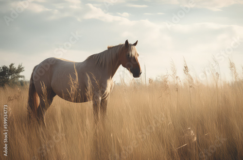 Horse Grazing Amidst Tall Grass in a Peaceful Field. Generative AI