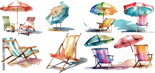 Set of deck chairs and umbrellas for the beach, sea equipment. Watercolor vector illustration.