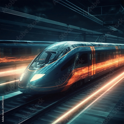 Fast modern express passenger train on high speed railway moving from flash light. Futuristic technology, hi tech future digital transport concept. Low pole 3d abstract illustration. Generative Ai