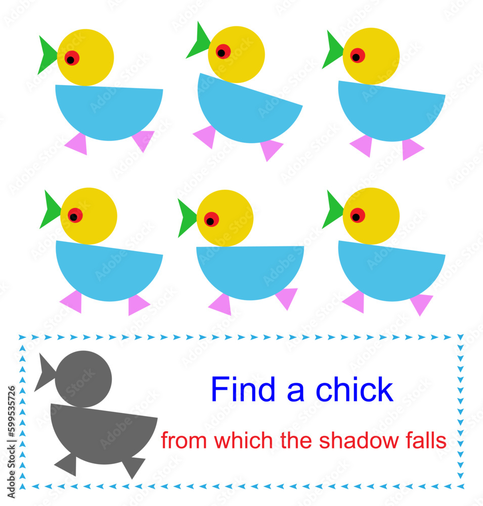 Educational game for kids. Task for attentiveness. Find a chick from which the shadow falls. Vector illustration. Educational game for kids. Task for attentiveness. Find a chick from which the shadow falls. Vector illustration.