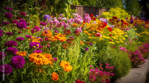 Wallpaper Mural A vibrant flower garden with an array of colors, including purple, yellow, and red, in a sunny backyard. Torontodigital.ca