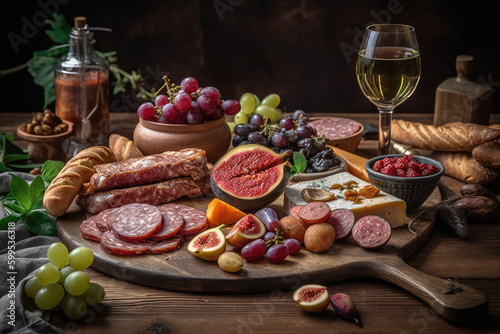 Gastronomic Delight. Culinary experience of a stunning charcuterie board with a variety of pork sausages, artisanal meats, cheese, and more. Copy space. Food photography concept. AI Generative