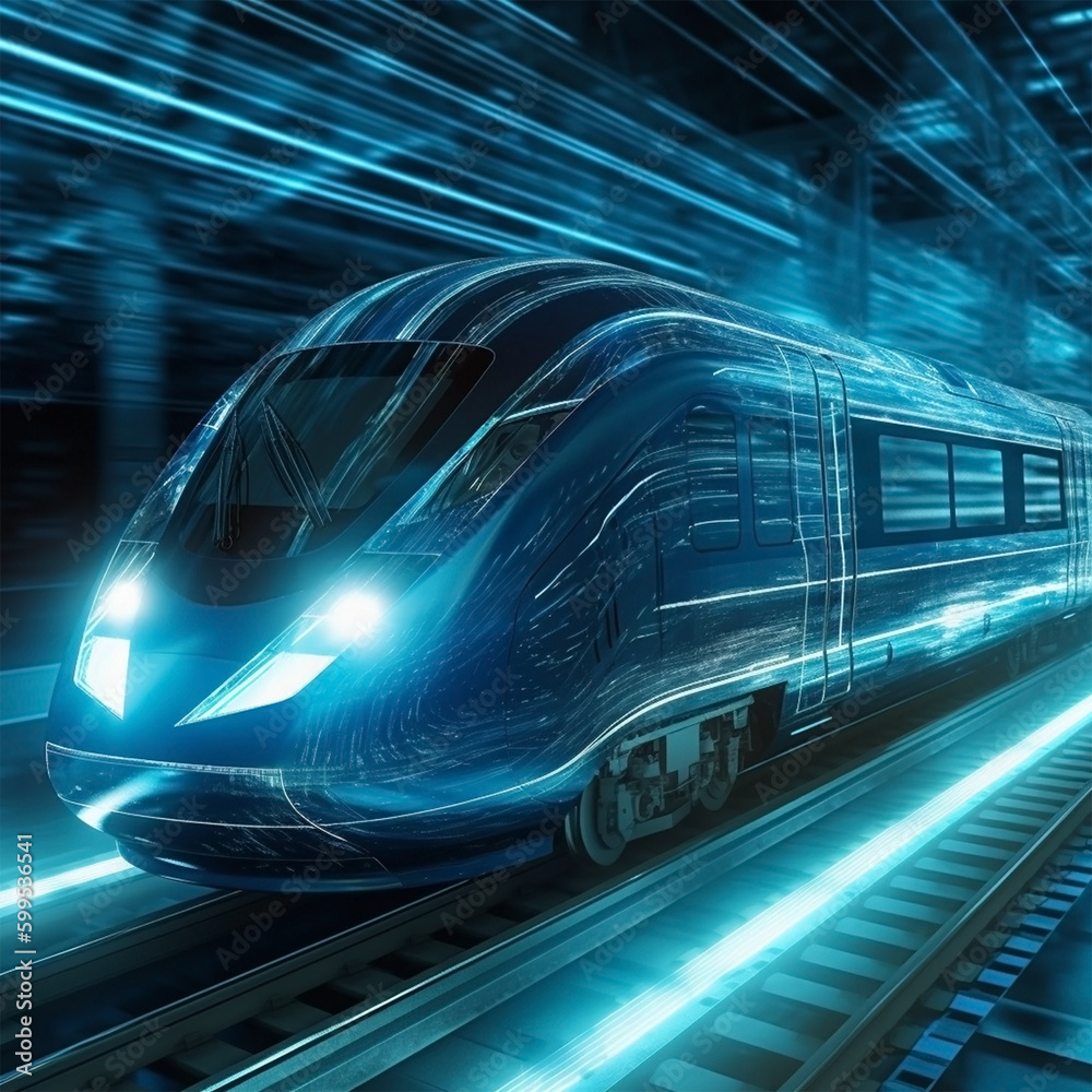 High speed train with motion blur background. Motion blur effect. Futuristic technology, hi tech future digital transport concept. Low pole 3d abstract illustration. Generative Ai High speed train with motion blur background. Motion blur effect. Futuristic technology, hi tech future digital transport concept. Low pole 3d abstract illustration. Generative Ai