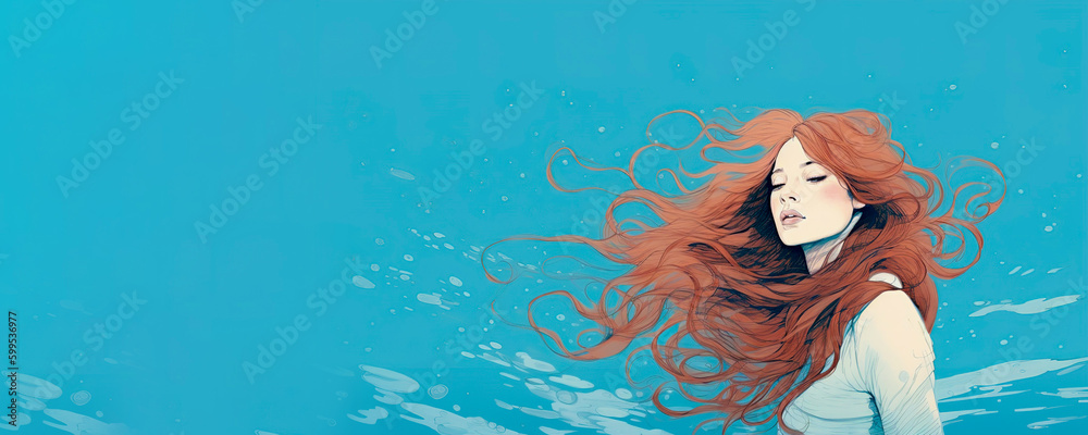 Illustration of a beautiful girl with long red hair on a blue ...
