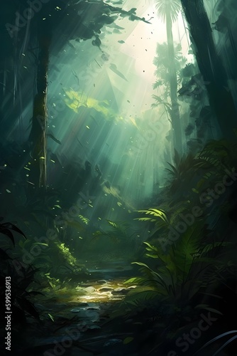 digital brush painting jungle hiking path landscape trees and plants created with Generative AI technology © Dosis