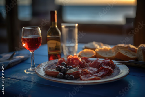 Farm to Table: The Artisanal Production of Spanish Embutidos in Picturesque Countryside, Tradition of Charcuterie, Enchidos, Cured Meats and wine - Rural Landscapes AI Generative 