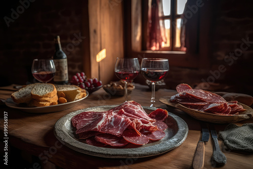 Farm to Table: The Artisanal Production of Spanish Embutidos in Picturesque Countryside, Tradition of Charcuterie, Enchidos, Cured Meats and wine - Rural Landscapes AI Generative	 photo