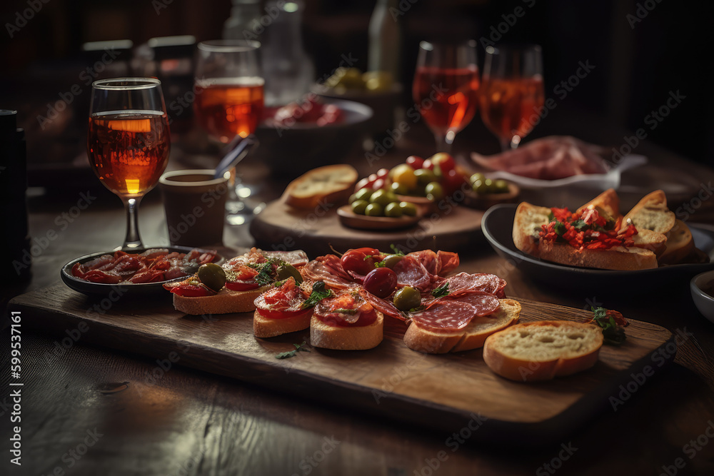 Tapas Temptations. flavorful assortment of pinchos, including sliced chorizo, marinated olives, roasted peppers, and delectable Manchego cheese. Copy space. Spanish cuisine AI Generative