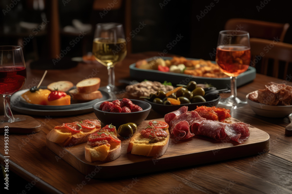 Tapas Temptations. flavorful assortment of pinchos, including sliced chorizo, marinated olives, roasted peppers, and delectable Manchego cheese. Copy space. Spanish cuisine AI Generative