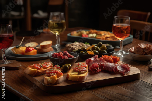 Tapas Temptations. flavorful assortment of pinchos  including sliced chorizo  marinated olives  roasted peppers  and delectable Manchego cheese. Copy space. Spanish cuisine AI Generative