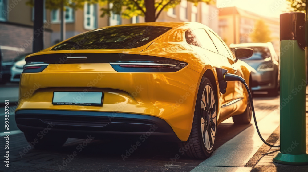 Voiture électrique jaune orangé en train de recharger à une borne, câble de recharge connecter Voiture électrique jaune orangé en train de recharger à une borne, câble de recharge connecter