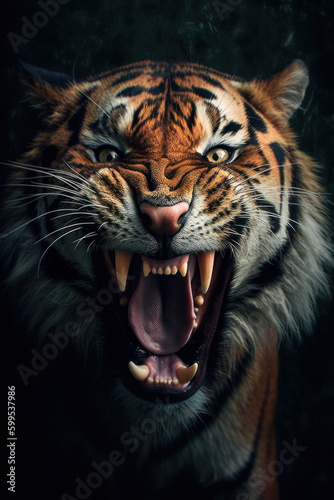 tête de tigre agressif, montrant les dents prêt à bondir, en gros plan sur fond noir © Sébastien Jouve