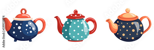 Set cute ceramic teapot. Tea time. Vector illustration