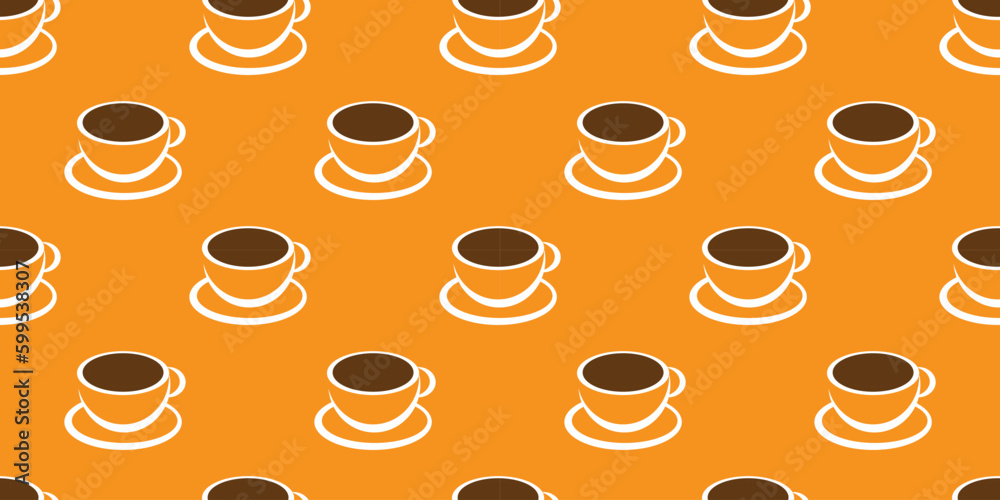 Obraz premium Many Orange and Brown Coffee Cup or Soup Bowl Symbols Seamless Pattern on Wide Scale Orange Background - Design Template in Editable Vector Format