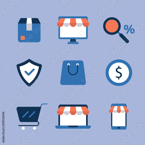 icon set of business tools, finance web vector, flat design, commerce, shopbag, SME, small and medium enterprise, verified, colorful illustration, online shop, 2d business set icons, accounting