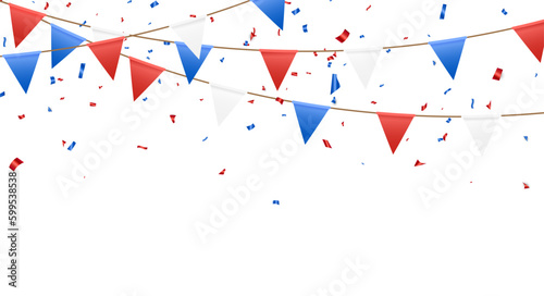 King coronation background. Flying red silver and blue confetti with flags. Independence day United States. 4th of July greeting card. Celebration banner. Holiday frame. Vector illustration