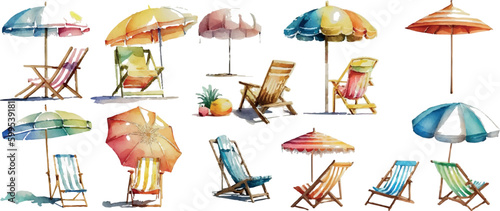 Set of deck chairs and umbrellas for the beach, sea equipment. Watercolor vector illustration.