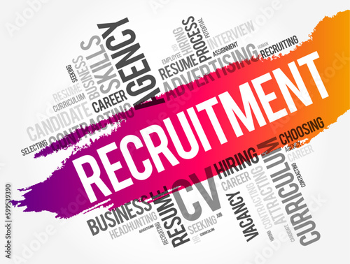 Recruitment - overall process of identifying, sourcing, screening, shortlisting, and interviewing candidates for jobs within an organization, word cloud concept background