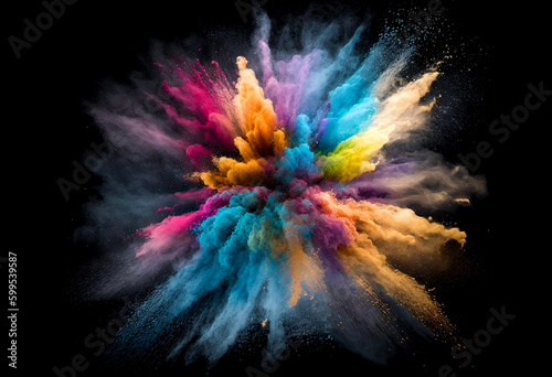 Color powder explosion of color cloud ink. Paint splash colourant with dye smoke blend background. Creative blue color ink or paint drips splash, color powder explode. Generative ai background