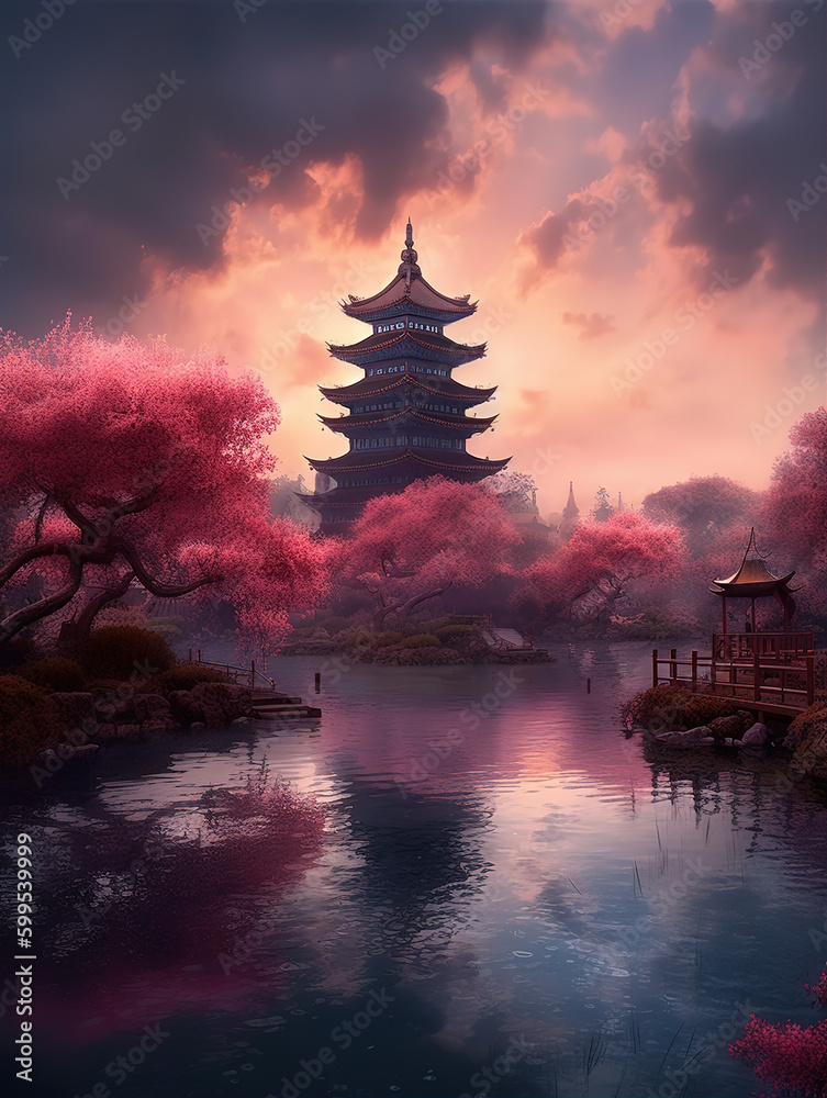 Obraz premium Cherry blossom trees and lake water in spring,created with Generative AI tecnology.