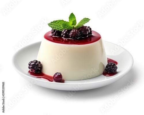 Exquisite panna cotta with berries, on a white backgroun, Generative AI photo