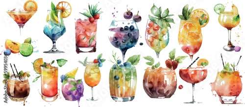 Set of vector watercolor colorful fruity summer cocktails. Summer party. Floral poster, invitation. Vector arrangements for greeting cards or flyers