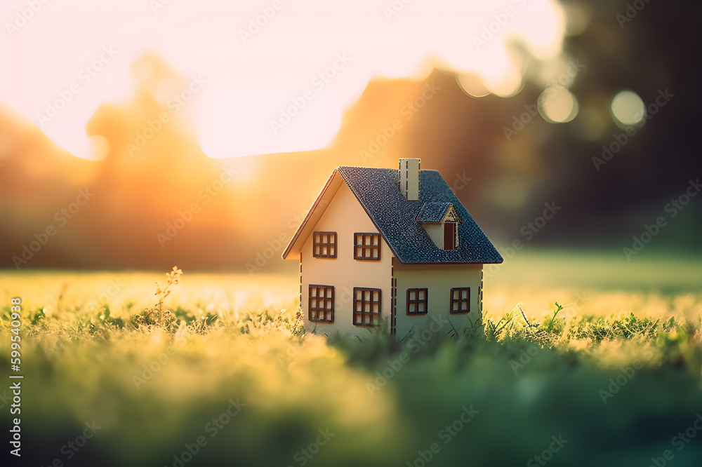 Life and Home Concept: Miniature Model House on Green Grass with Sunlight Abstract Background. created with Generative AI Life and Home Concept: Miniature Model House on Green Grass with Sunlight Abstract Background. created with Generative AI