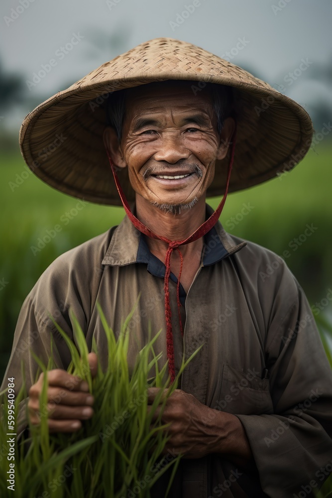 Stunning portrait of an elder rice farmer, standing in a rice paddy ...