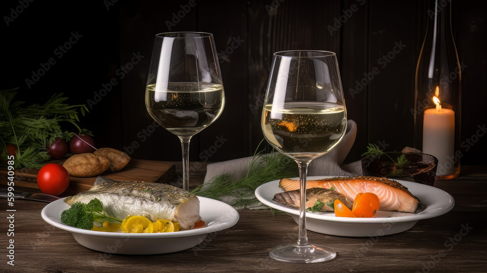 dinner concept for two. two glasses of white wine, baked fish